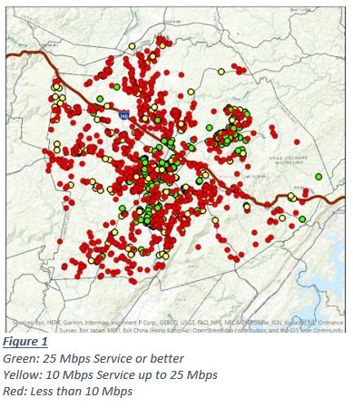 Text Box: Figure 1
Green: 25 Mbps Service or better
Yellow: 10 Mbps Service up to 25 Mbps
Red: Less than 10 Mbps
